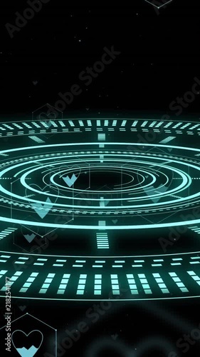 Rotating digital rings with heart icons, futuristic health monitoring animation