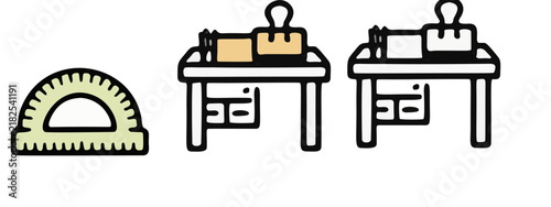A minimalist line art illustration depicts a desk with a binder clip on a white background.