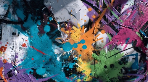 A vibrant abstract composition features splashes of diverse, thick paints, creating an explosion of colors and textures