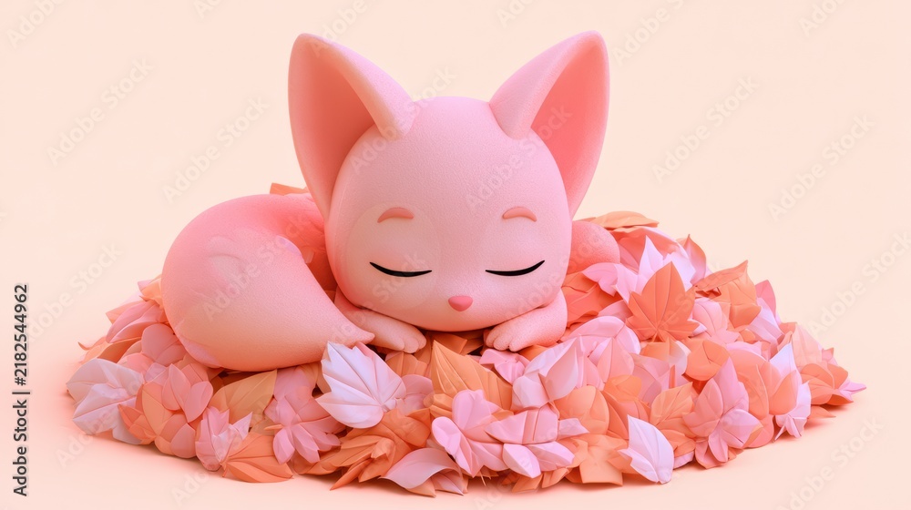 Obraz premium A 3D fox character relaxes in colorful leaves, highlighting its cute features and soft shape against rustic colors.