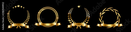 Gold award laurel wreaths with stars, ribbon and empty place for name of winner. Golden prize for awarding ceremony, championship, best player, diploma. Quality certified icon. Vector illustration.