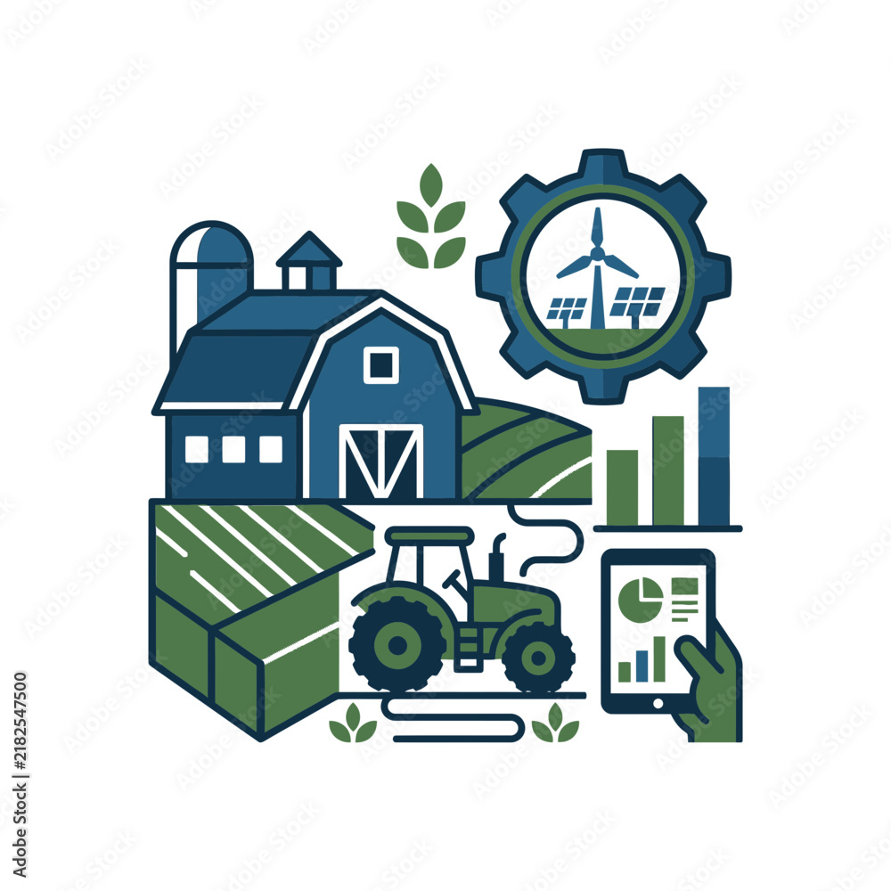 Naklejka premium Smart agriculture illustration with tractor and data tablet.