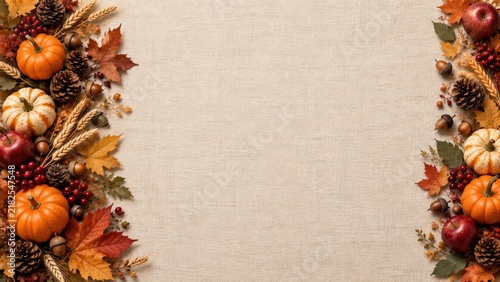 Autumn leaves border.Autumn leaf fall frame. Colorful maple leaves with watercolor background.Christmas or Thanksgiving turkey