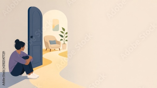 Woman contemplating therapy, sitting by an open door leading to a calm room, representing mental health journey