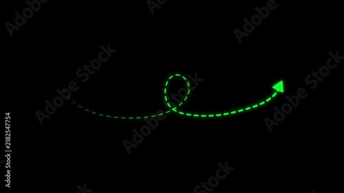 Glow green dotted curved arrow path moving on transparent background. 4k video