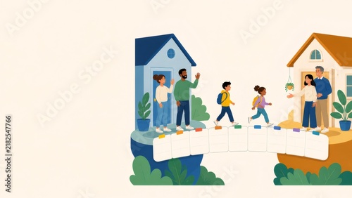 Children crossing a calendar bridge between two homes, illustrating blended family co parenting and transition
