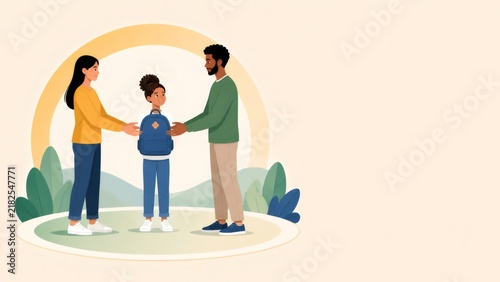 Co parenting parents ensuring smooth child handoff for school, sharing responsibility and support after separation