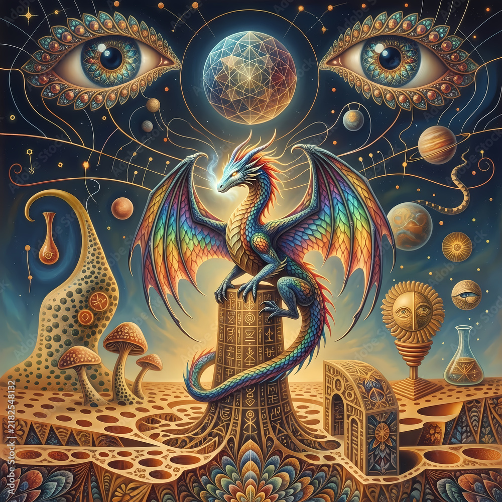 Obraz premium Surreal cosmic dragon in a psychedelic geometric landscape with esoteric symbols
