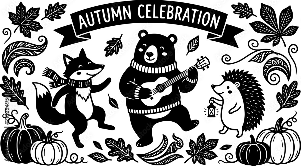 Obraz premium Cute forest animals celebrating autumn in this vibrant vector illustration featuring pumpkins and falling leaves 