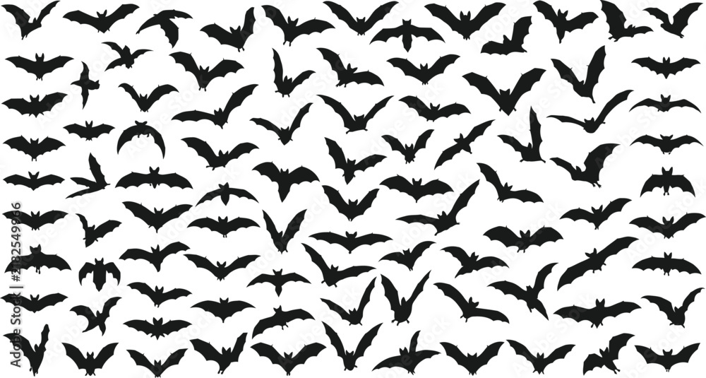 Fototapeta premium Halloween bat silhouettes collection, black flying bat icons set, spooky nocturnal animal vector elements for party decor