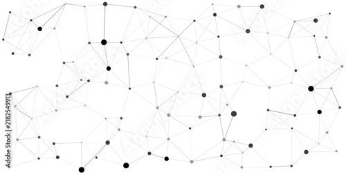 Black and white molecular connection background with connected dots and lines.