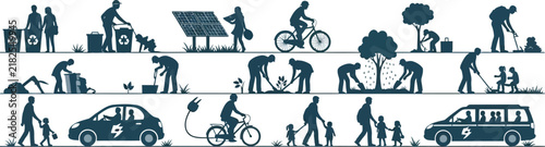 Sustainable living silhouettes, eco friendly lifestyle icons set, green energy and recycling vector illustrations, environmental conservation people
