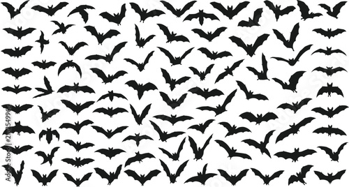 Halloween bat silhouettes collection, black flying bat icons set, spooky nocturnal animal vector elements for party decor