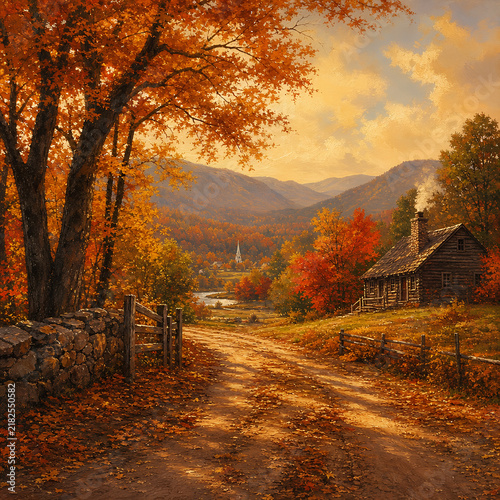 Autumn landscape with colorful trees and a cozy cabin in the countryside
