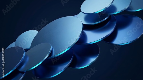 Abstract background featuring a cluster of overlapping blue circular discs with metallic textures and soft lighting