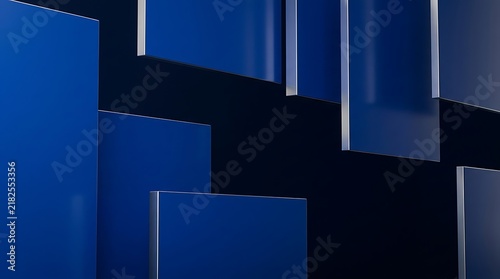 Abstract background featuring overlapping blue glass panels and geometric shapes with deep shadows and modern architectural style