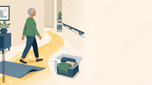 Senior woman walking on clear path, preventing falls by removing home hazards for elderly safety and independence