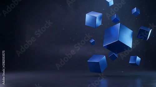 Abstract background featuring floating glowing blue geometric cubes in a dark mysterious digital space