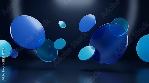 Abstract background with floating blue circular shapes and soft lighting on a dark reflective surface