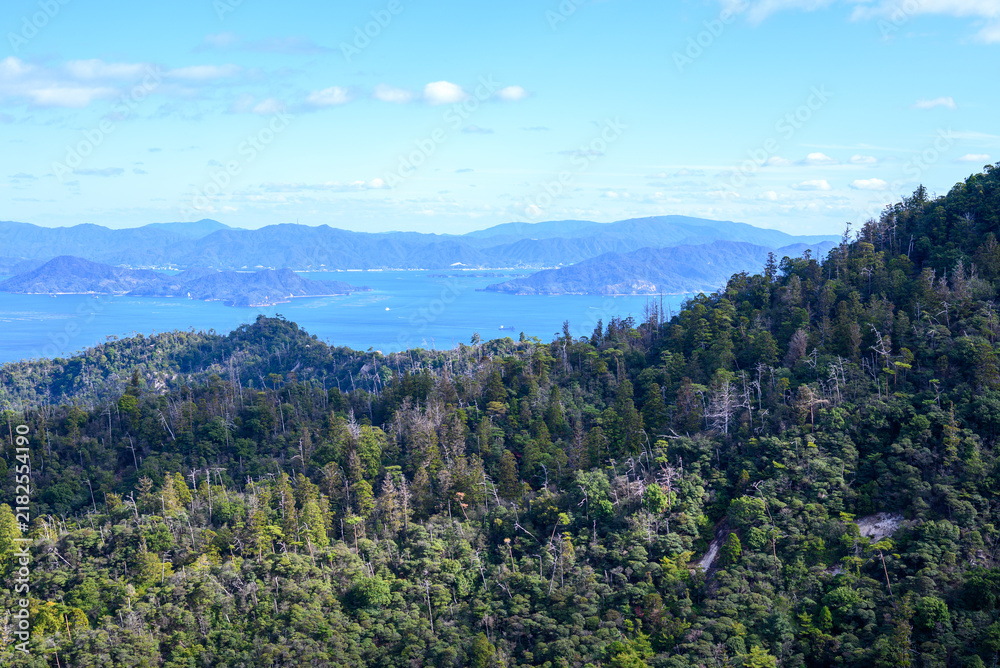 Fototapeta premium Scenic landscape view overlooking dense forest ridges, a blue sea, islands, and distant mountains under a bright sky in Japan