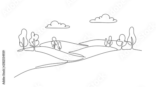 Landscape view of rolling hills and trees in a simple continuous line art style with landscape countryside minimalist