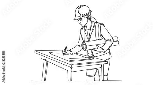 Continuous line art illustration of an engineer working with blueprints hard hat engineer blueprint construction