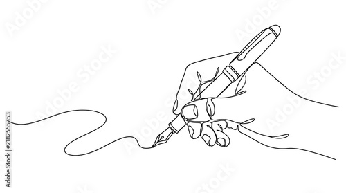 Continuous line drawing of a hand writing with a fountain pen fountain stationery minimalist continuous calligraphy