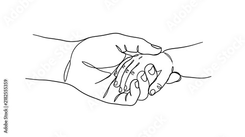 Simple line art drawing of a large hand holding a small hand with minimalist protection connection parenting affection