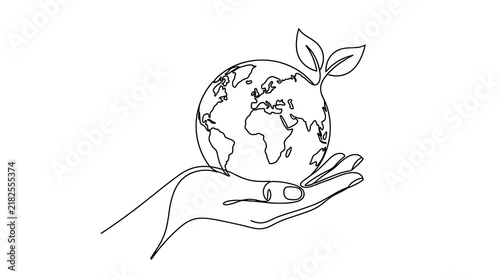 Single line art of a hand holding the planet earth with leaves environment protection minimalist sustainability
