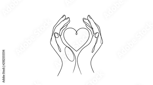 Minimalist continuous line art illustration of two hands cupping a heart symbol with minimalist affection monochrome