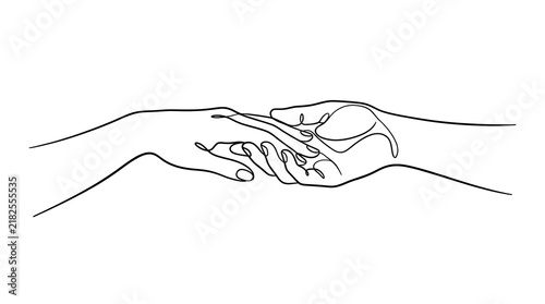 Continuous line art illustration of two human hands touching with touching connection intimacy minimalist togetherness