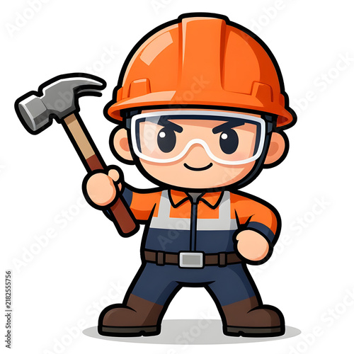 Cartoon style construction worker. Active working posture. Ideal icon for logo, badge, branding, company mascot.