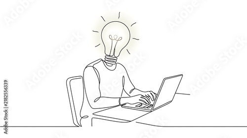Concept art of a person sitting at a laptop with a lightbulb head lightbulb business innovation creativity thinking