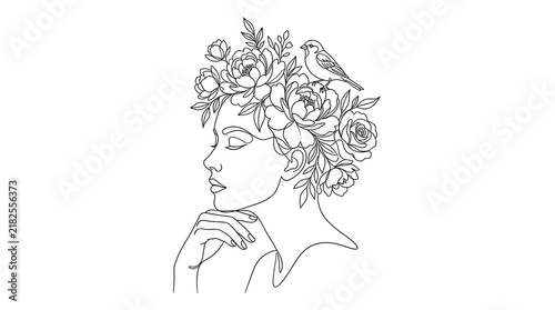 Elegant line art drawing of a woman with flowers and a bird in her hair portrait illustration minimalist botanical