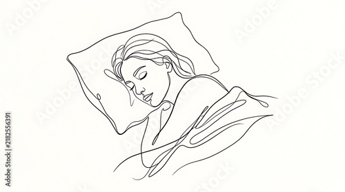 Simple line art drawing of a woman sleeping peacefully on a pillow with sleeping tranquil peaceful illustration