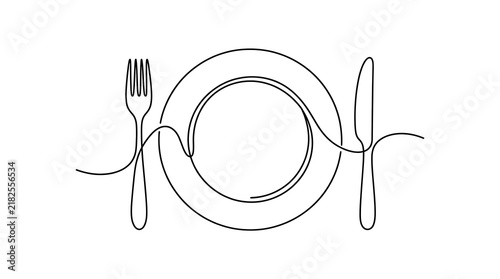Minimalist continuous line drawing of plate fork and knife with tableware restaurant minimalist continuous kitchenware