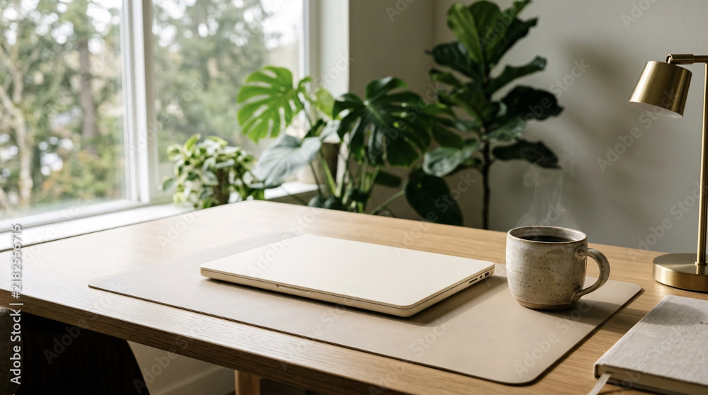 Fototapeta premium Modern Ivory Home Office Setup with Laptop and Ceramic Mug