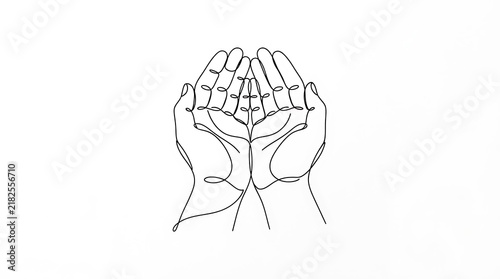 Simple line art drawing of two open human hands held together in a gesture with receiving offering minimalist kindness