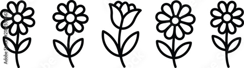 Spring flower line art vector set simple daisy tulip outline icons horizontal row border element isolated on white background.
