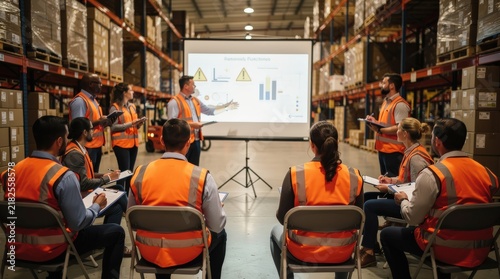 A warehouse team in orange safety vests attends a presentation on supply chain analytics, focusing on data and performance metrics.