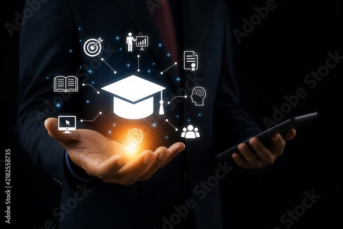 Professional person holding a glowing graduation cap icon surrounded by education study symbols