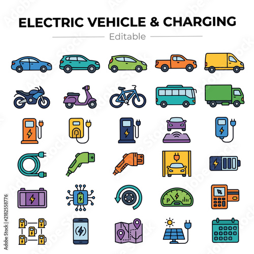 Electric Car and Charging Station Minimalist Icon Collection