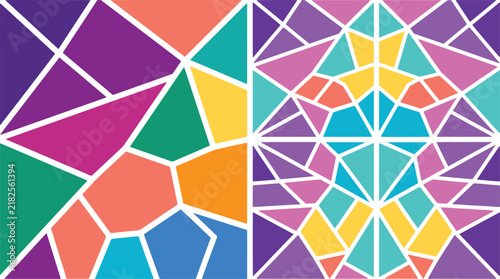 Symmetrical geometric mandala and mosaic patterns in teal purple and yellow on a checkered canvas.