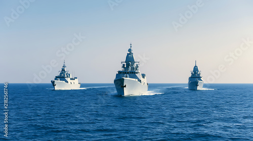 Plakat w ramie A formation of three modern naval warships patrol the open ocean under a bright sky, showcasing military power and strategic maritime defense
