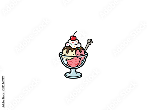 Ice Cream Sundae In Glass Bowl With Cherry Whipped Cream And Sprinkles Vector Illustration