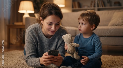 Horizontal close-up photo of a distracted mother lying on a rug and looking at her smartphone while her little son looks at her