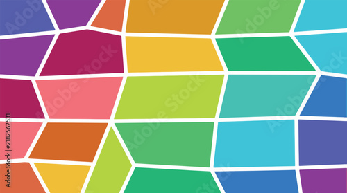 Symmetrical distorted grid pattern features colorful rectangular shapes for modern art displays.