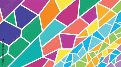 Diagonal geometric mosaic background with bright rainbow colored abstract triangular polygon shapes.