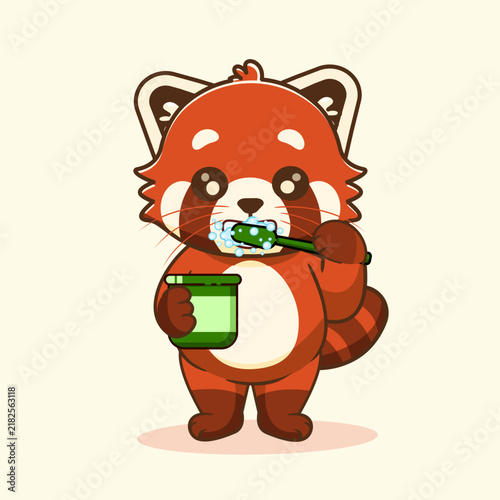 Red Panda Brushing Teeth Cartoon Vector Illustration