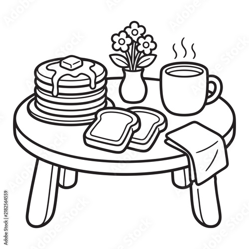 Cute Breakfast Table with Pancakes, Coffee, Toast and Flowers Coloring Page for Kids Vector Illustration
